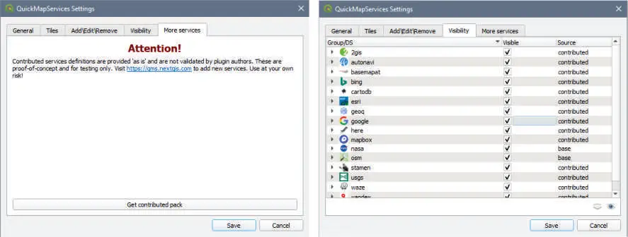 QuickMapServices setting window